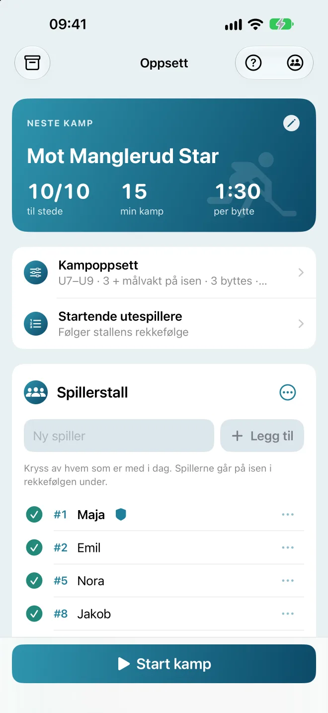 Oppsett-skjermen med neste kamp, kampoppsett og spillerstall