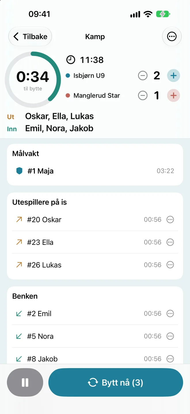 Kampskjermen med klokke, score og spillere på isen og benken