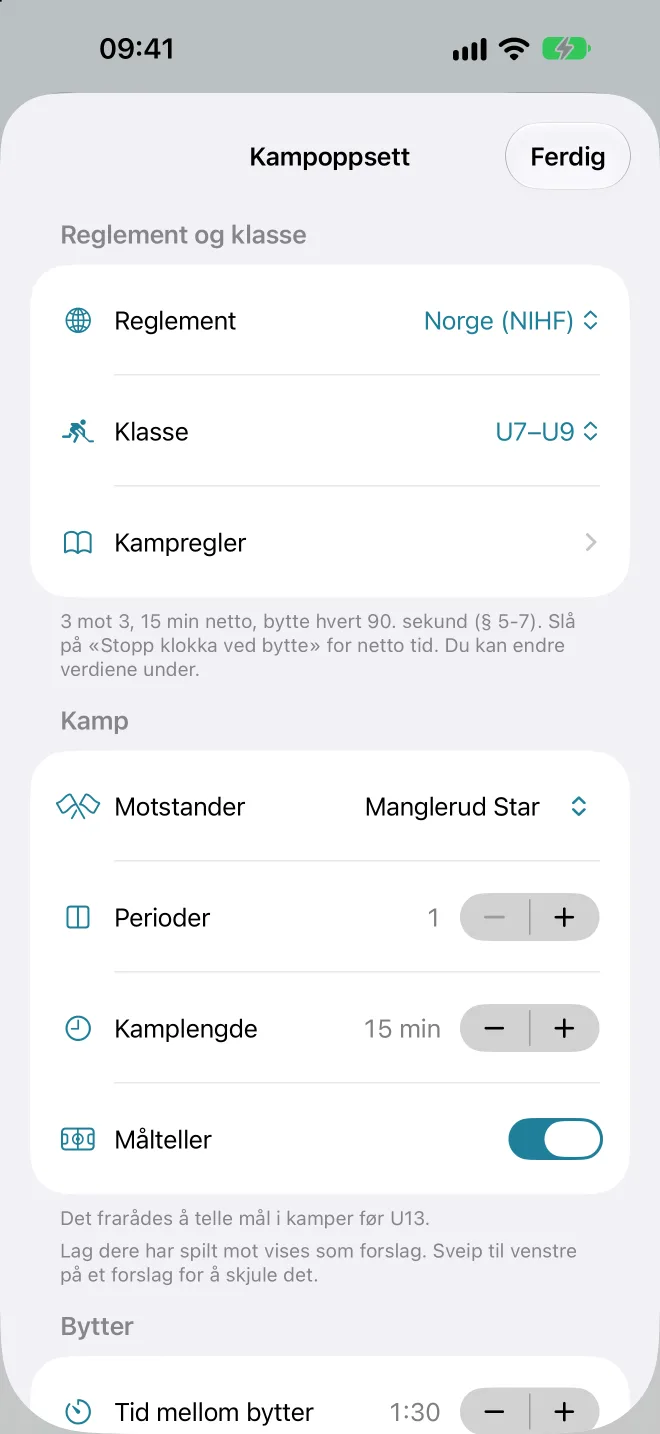 Kampoppsett med reglement Norge (NIHF), klasse U7–U9, kampregler og innstillinger for bytter